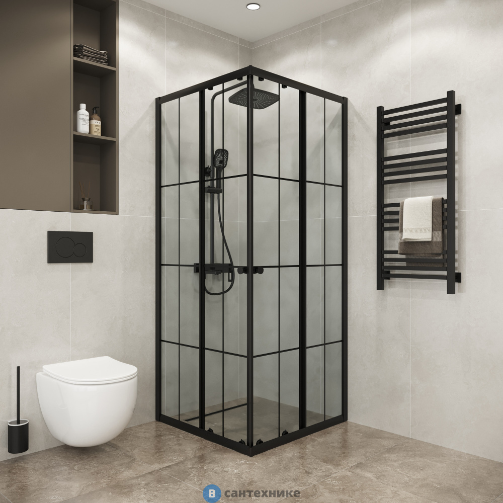 Душевое ограждение Niagara Eco NG-1010-14Q BLACK (100х100х190) квадрат, раздвижное, черный, стекло мозаика