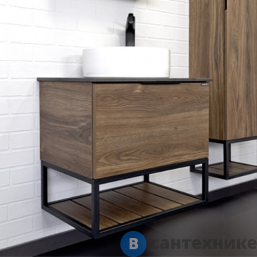 картинка Тумба Comforty Порто-60 дуб тёмно-коричневый с черной столешницей с отверстием под смеситель №12 c раковиной COMFORTY 9111