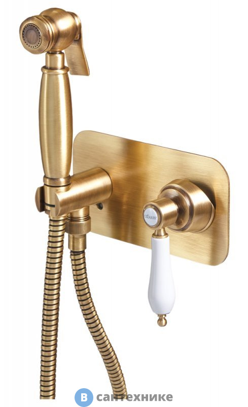 Смеситель Cezares APHRODITE-DIF-03/24-Bi встраиваемый однорычажный с гигиеническим душем, золото 24 карат, ручки белые