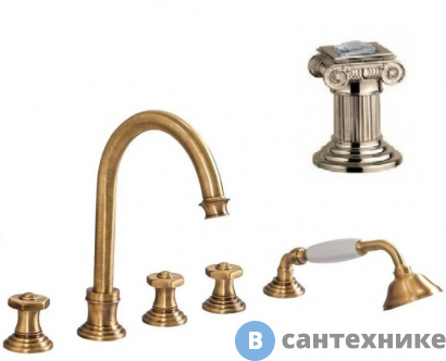 картинка Смеситель Cezares APHRODITE-BVD-02-Sw на борт ванны с выдвижным душем и переключателем, бронза, ручки Swarovski