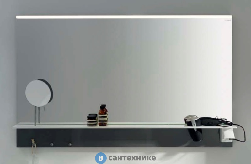 Зеркало BURGBAD Eqio с полкой, светодиод подсв.1200х769х150 мм, выкл сбоку справа, 3 крючка, держ для фена справа. серый F2010 (SEZQ120F2010)