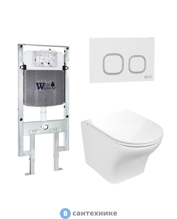 Унитаз с инсталляцией WELTWASSER и кнопкой смыва (AMBERG 497 ST + ODENBACH 004 GL-WT + AMBERG RD-WT)