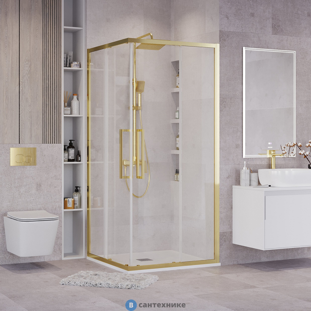 Душевое ограждение Grossman Cosmo 300.K33.02.1010.32.00 (100х100х195) квадрат, раздвижная, золото сатин, стекло прозрачное