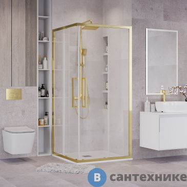 картинка Душевое ограждение Grossman Cosmo 300.K33.02.1010.32.00 (100х100х195) квадрат, раздвижная, золото сатин, стекло прозрачное