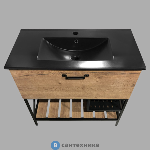 Тумба Comforty Бредфорд-90 дуб темный с раковиной COMFORTY 90E черная матовая