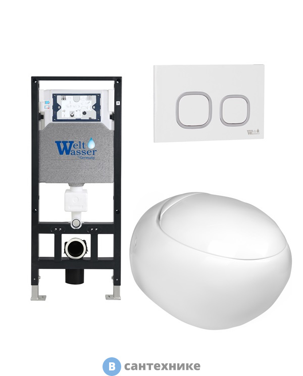 Унитаз с инсталляцией WELTWASSER и кнопкой смыва (AMBERG 506 + JECKENBACH 004 GL-WT + AMBERG RD-WT)