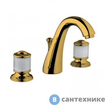картинка Смеситель Bongio CRISTALLO для раковины на 3 отверстия, с донным клапаном, ручки стекло белое, золото (04501OR00)