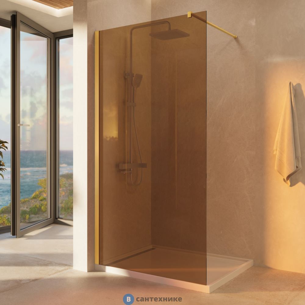 Душевая перегородка Vincea Walk-In VSW-1H100GSG, 1000*2000, матовый золотой, стекло янтарь
