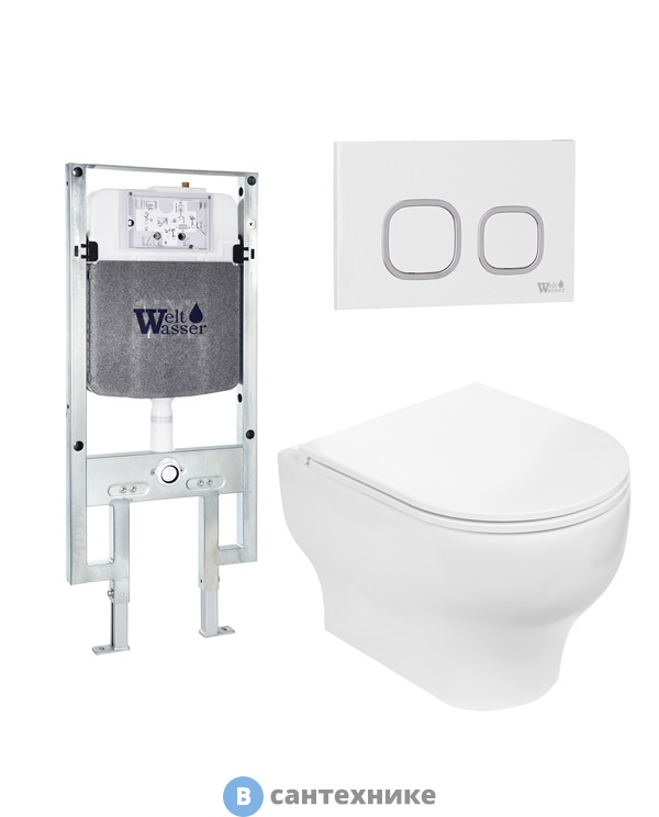 Унитаз с инсталляцией WELTWASSER и кнопкой смыва (AMBERG 497 ST + ERLENBACH 004 GL-WT + AMBERG RD-WT)