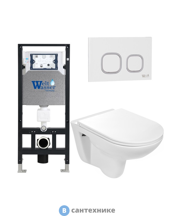Унитаз с инсталляцией WELTWASSER и кнопкой смыва (AMBERG 506 + BAARBACH 004 GL-WT + AMBERG RD-WT)