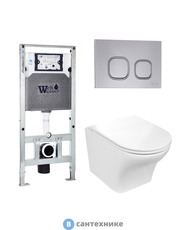 Унитаз с инсталляцией WELTWASSER и кнопкой смыва (AMBERG 506 ST + ODENBACH 004 GL-WT + AMBERG RD-CR)