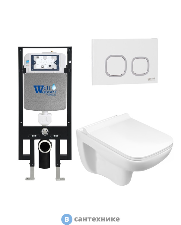 Унитаз с инсталляцией WELTWASSER и кнопкой смыва (AMBERG 497 + KEHLBACH 004 GL-WT + AMBERG RD-WT)