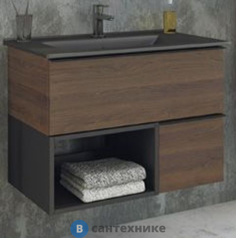 Тумба Comforty Франкфурт-75 дуб шоколадно-коричневый с раковиной COMFORTY 75E черная матовая