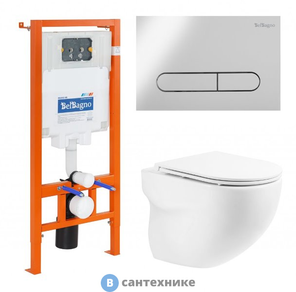 Комплект BelBagno 4 в 1 BB066CHR/BB870SC/BB002-80/BB005-PR-CHROME (унитаз подвесной BelBagno ONDA BB066CHR с сиденьем BB870SC + система инсталляции для унитазов BelBagno BB002-80 с кнопкой смыва BB005-P)
