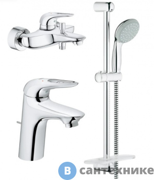 картинка Душевая система Grohe 124416 Eurostyle New для ванны 3 в 1 (смесители для душа и умывальника, душ гарнитур и полочкой), хром