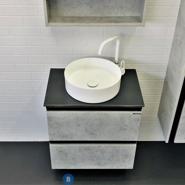 Тумба Comforty Эдинбург-60-2 бетон светлый с чёрной столешницей с отверстием под смеситель №12, с раковиной COMFORTY 9111