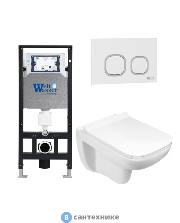 Унитаз с инсталляцией WELTWASSER и кнопкой смыва (AMBERG 506 + KEHLBACH 004 GL-WT + AMBERG RD-WT)