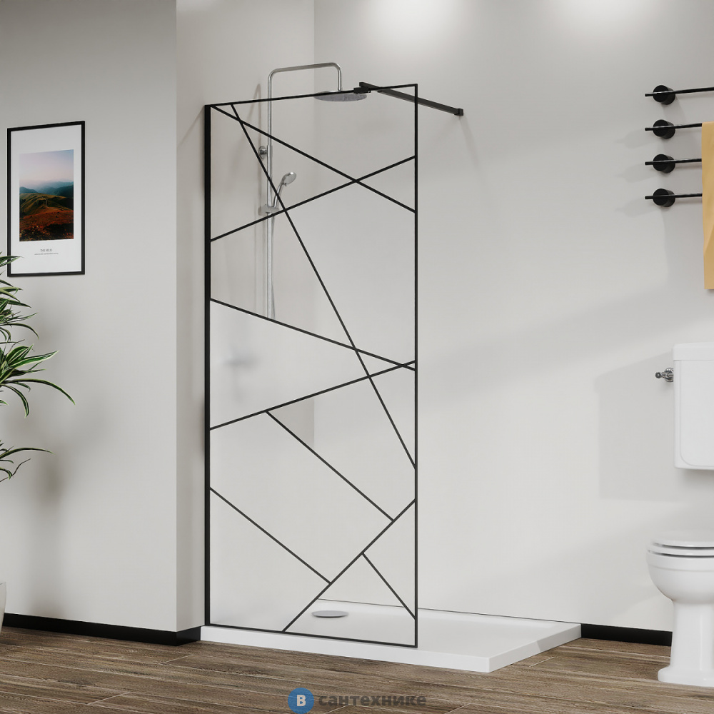Душевая перегородка Azario 120x195-MB-CGP Walk-in, в рамке, графический принт 8 мм, профиль матовый черный (AZ-271-120-MB-CGP)