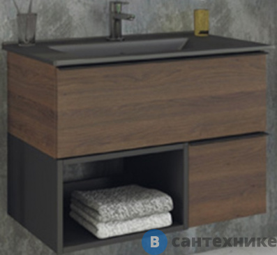 картинка Тумба Comforty Франкфурт-90 дуб шоколадно-коричневый с раковиной COMFORTY 90E черная матовая