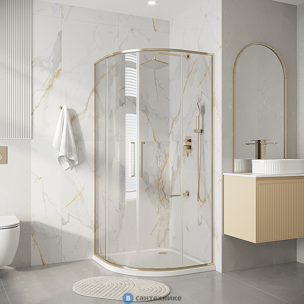 Душевое ограждение Niagara Nova NG-6437-90SG (90х90х195) четверть круга, золото сатин, двери раздвижные, стекло прозрачное
