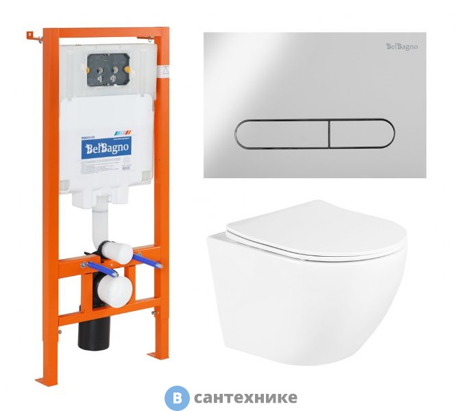 Комплект BelBagno 3 в 1 BB3105CHR/SC/BB002-80/BB005-PR-CHROME (унитаз подвесной с сиденьем BelBagno UNO BB3105CHR/SC + система инсталляции для унитазов BelBagno BB002-80 с кнопкой смыва BB005-PR-CH)
