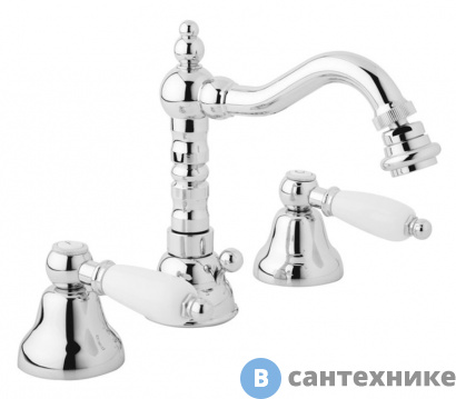 картинка Смеситель Cezares FIRST-BBS2-01-Bi для биде на три отверстия с донным клапаном, хром, ручки белые
