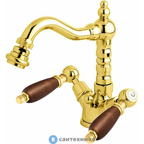 Смеситель Cezares FIRST-BS2-03-Nc на биде с донным клапаном, золото, ручки орех
